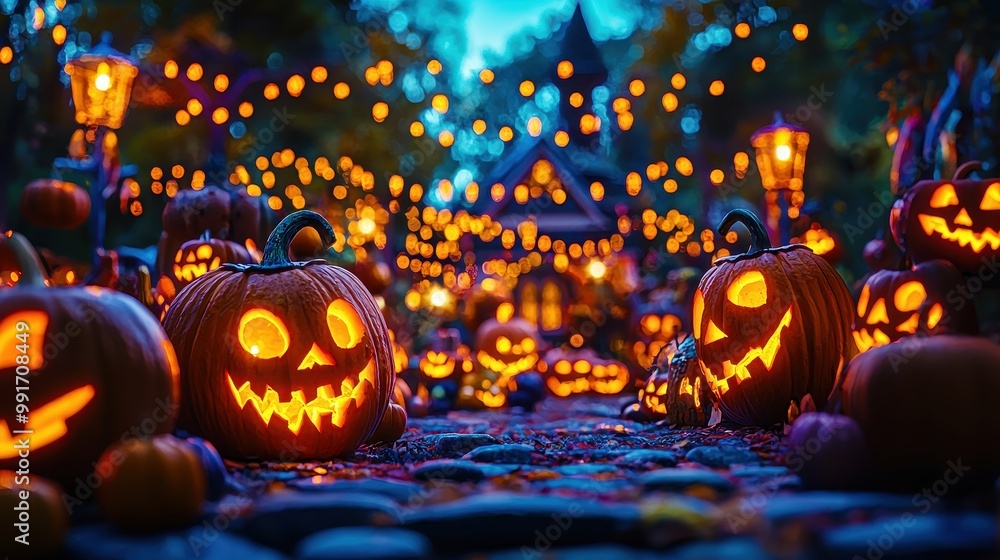 Obraz premium A path is lit up with orange and yellow pumpkins
