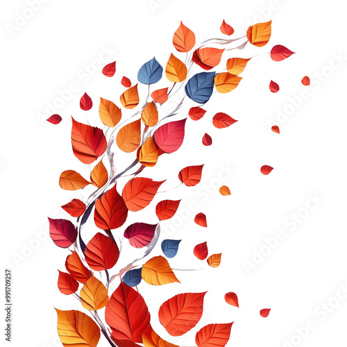 Vibrant autumn leaves in shades of orange and yellow, scattered on a white background, depicting the beauty of the fall season.