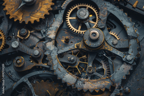 A close up of a clock with many gears and a few of them are missing