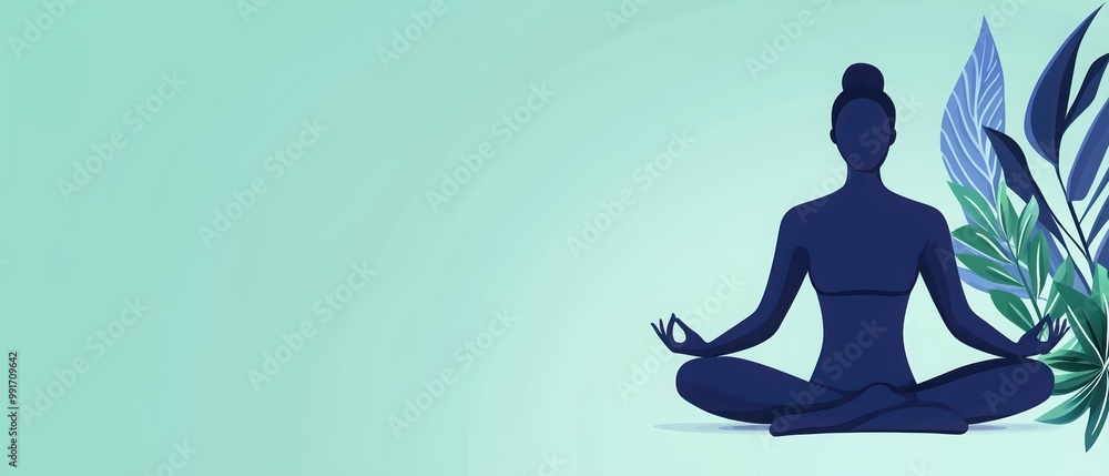 Silhouette of a meditating figure surrounded by leaves on a soft green background.