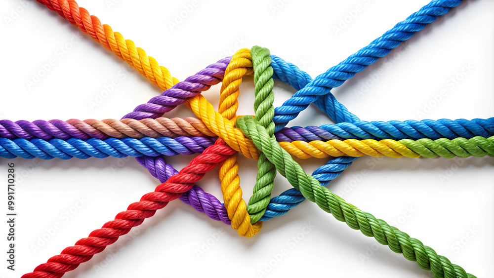 A group of colorful ropes coming together to form a direction arrow. Teamwork concept A group of colorful ropes coming together to form a direction arrow. Teamwork concept