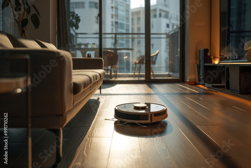 A robot vacuum is in a living room with a couch and a chair