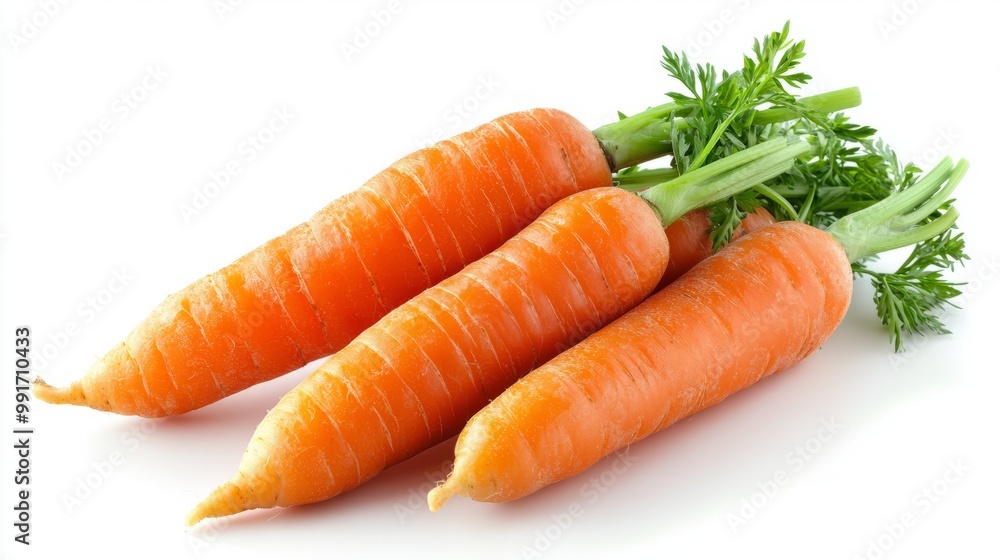 Fresh orange carrots with green tops isolated on clean white background Fresh orange carrots with green tops isolated on clean white background