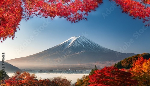 Colorful autumn season and mount fuji covered in morning fog with red leaves