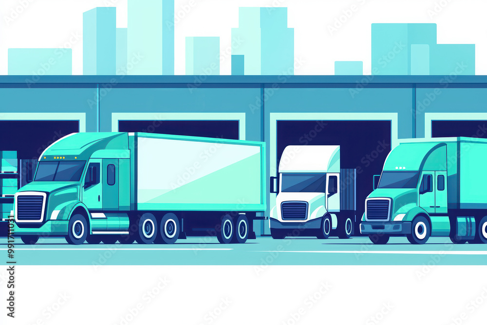 Trucks parked in a loading area against a blue city skyline.