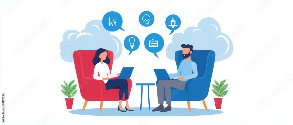 Two professionals share ideas in a modern workspace with laptops. Two professionals share ideas in a modern workspace with laptops.