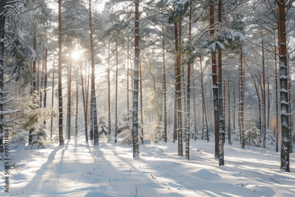A snowy forest with trees and a sun shining through the trees A snowy forest with trees and a sun shining through the trees