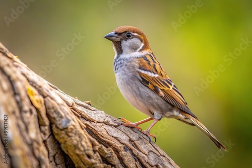 nature photography, plain backed sparrow, perspective,sparrow, outdoor, wild species, Plain backed sparrow perching on tree bark creating a forced perspective effect