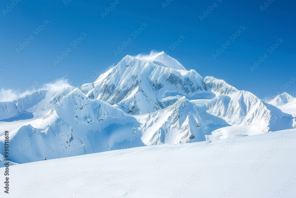 Obraz premium A mountain range covered in snow and a clear blue sky