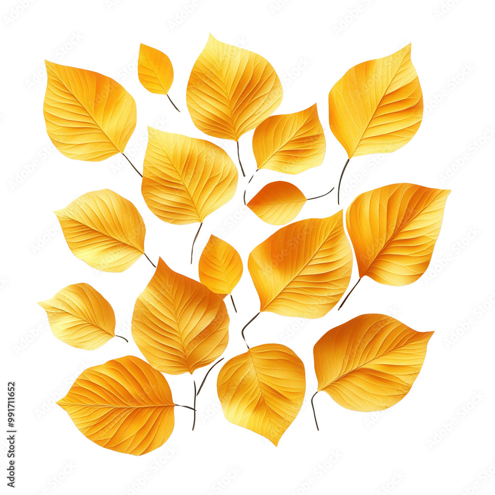 Obraz premium A vibrant collection of golden yellow autumn leaves isolated on a white background, perfect for seasonal and nature-themed projects.