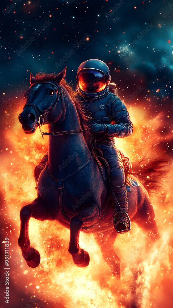 Fototapeta premium A Astronaut riding a tall steed, galloping out of the galaxy. The astronaut is wearing a spacesuit, and the steed is very tall and strong. 