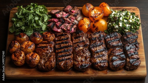 A variety of grilled meats and vegetables served on a large wooden board, perfect for sharing, grilled meat platter, barbecue feast, warm light photo