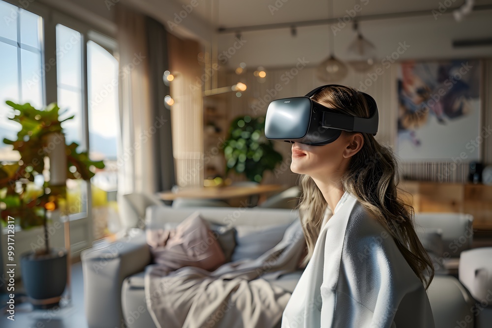 Interaction between a human and AI, person wearing a VR headset, modern interior, technology and human Interaction between a human and AI, person wearing a VR headset, modern interior, technology and human
