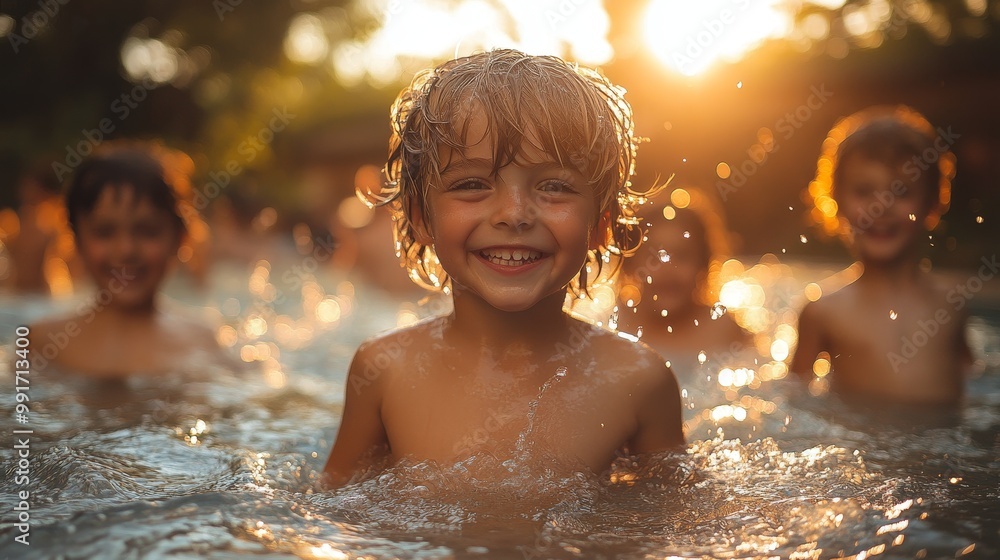 Children splashing in a pool under the sun on a hot Sunday afternoon, Sunday pool fun, carefree childhood, soft afternoon light Children splashing in a pool under the sun on a hot Sunday afternoon, Sunday pool fun, carefree childhood, soft afternoon light