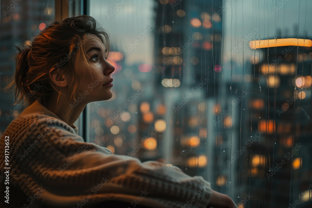 A woman is sitting in a window looking out at the city A woman is sitting in a window looking out at the city