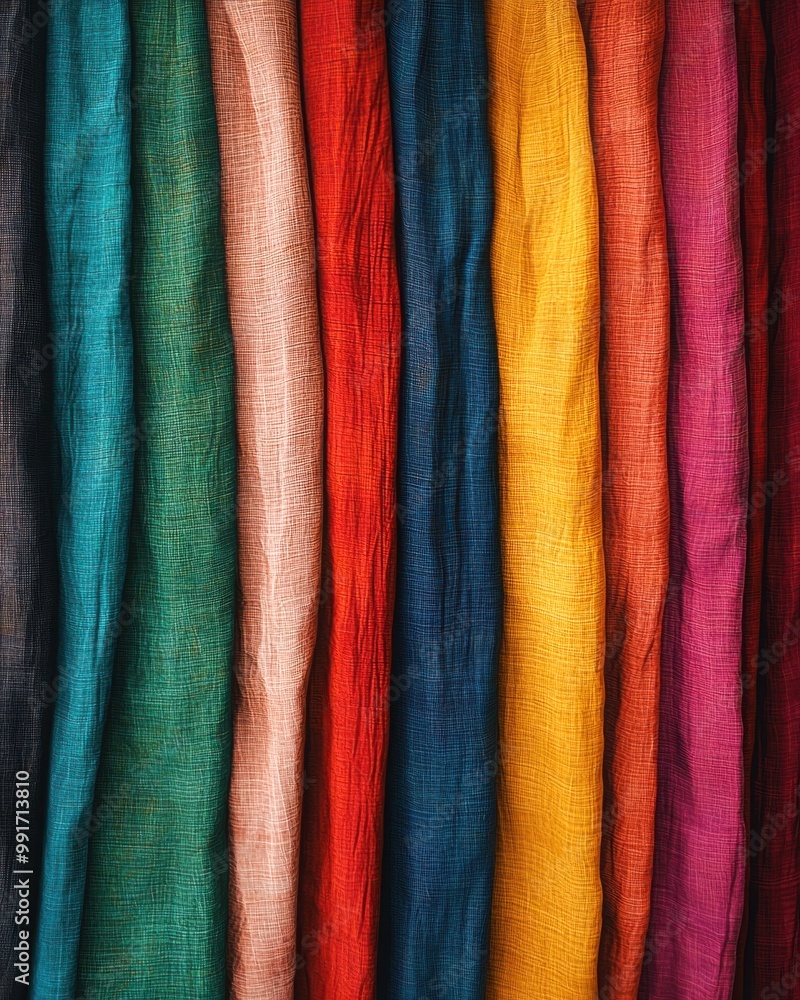 Colorful textile fabric rolls in a vertical arrangement on display. Colorful textile fabric rolls in a vertical arrangement on display.