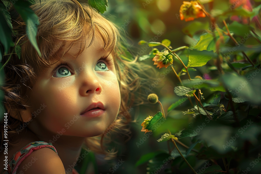 A young girl with blonde hair is looking at a flower A young girl with blonde hair is looking at a flower
