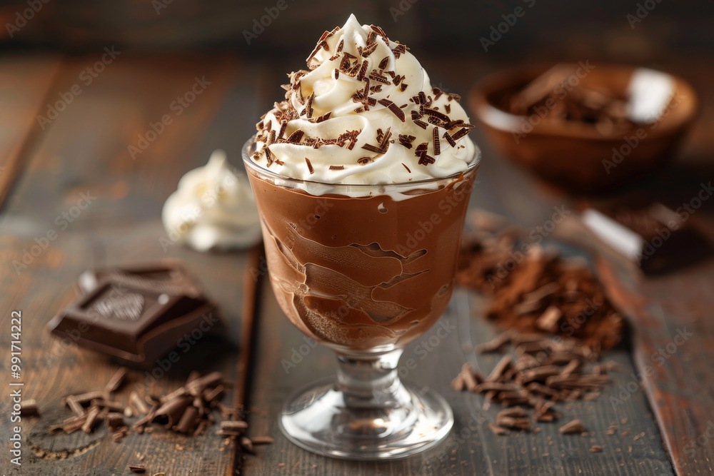 A glass of chocolate ice cream with whipped cream on top A glass of chocolate ice cream with whipped cream on top