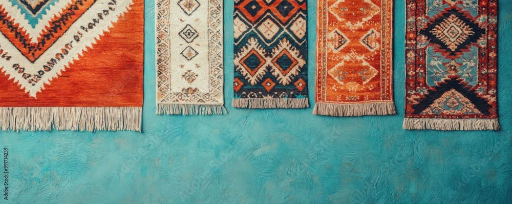 Colorful traditional rugs displaying intricate patterns on a blue wall background. Colorful traditional rugs displaying intricate patterns on a blue wall background.