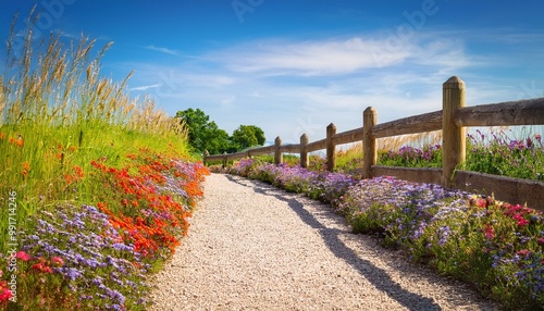 Gravel pathway enclosed by timber fence and colorful wildplants under a bright sunny sky, warm season, gravel path, timber fence photo