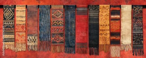 Colorful woven textile patterns hanging against a vibrant background. photo