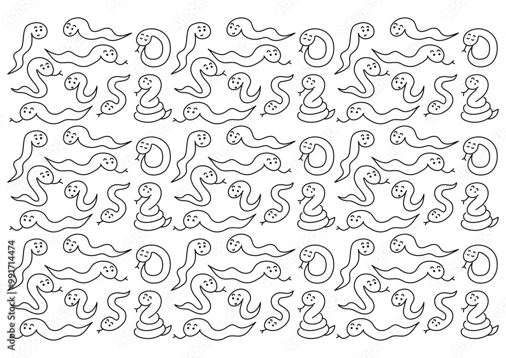 かわいい手書きの蛇の背景模様イラスト(白黒) かわいい手書きの蛇の背景模様イラスト(白黒)