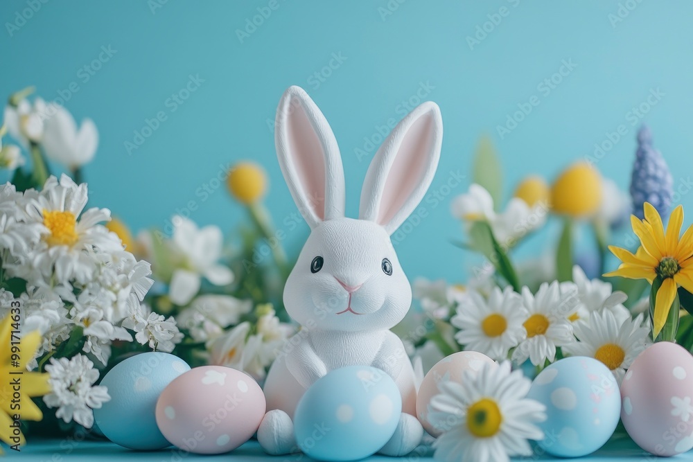 Obraz premium Easter bunny and Easter eggs on a blue background with spring flowers .geneative ai