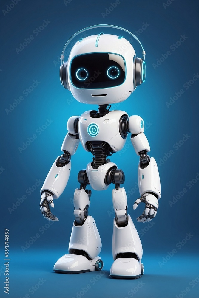 Cute White Robot Standing Against a Blue Background, Creating an Atmosphere of Technology Cute White Robot Standing Against a Blue Background, Creating an Atmosphere of Technology