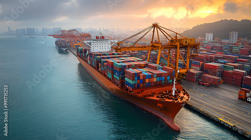 A Large Container Ship is Docked at the Port with Many Cranes 