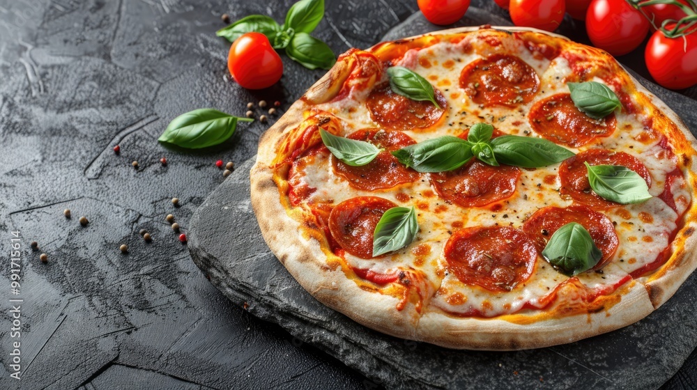 Delicious Pepperoni Pizza with Basil and Tomatoes on Black Background Delicious Pepperoni Pizza with Basil and Tomatoes on Black Background