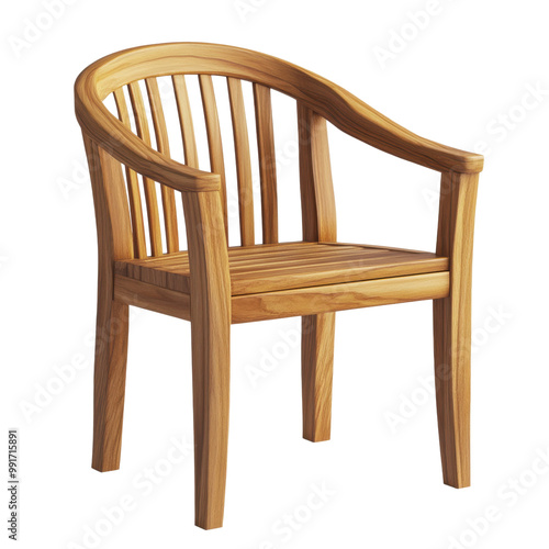 A stylish wooden chair with a curved back and slatted design, perfect for both indoor and outdoor settings.