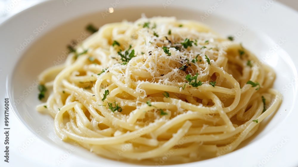 a plate of perfectly al dente pasta, drizzled with fragrant truffle oil and topped with shavings of parmesan and fresh herbs a plate of perfectly al dente pasta, drizzled with fragrant truffle oil and topped with shavings of parmesan and fresh herbs