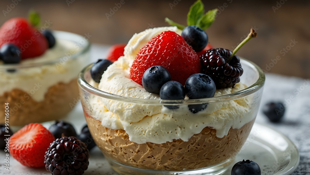Ice cream topped with fresh berries. Ice cream topped with fresh berries.