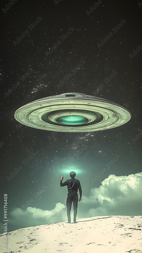 Obraz premium a man controls a ufo with his mind, in vintage style wallpaper, vintage poster