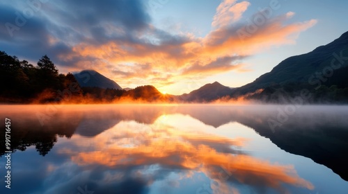 Wallpaper Mural A mist shrouded lake reflects the warm glow of the setting sun, creating a surreal scene where the boundaries between sky and water blur. Torontodigital.ca