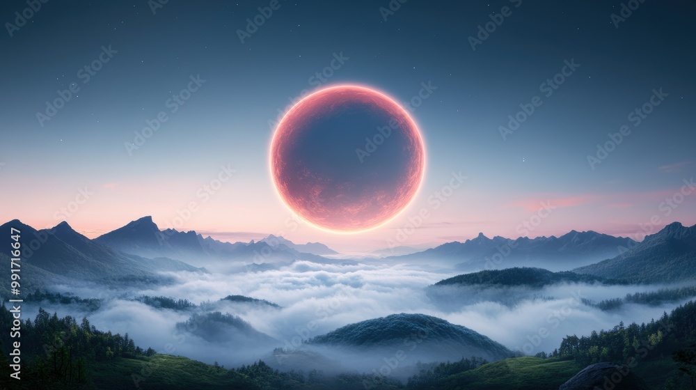 A glowing orb hangs above a misty valley, its light casting ethereal shadows on the surrounding landscape, creating a scene of serene beauty. A glowing orb hangs above a misty valley, its light casting ethereal shadows on the surrounding landscape, creating a scene of serene beauty.