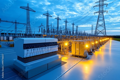 A high-voltage power plant, with large transformers and electrical pylons, distributing energy to a wide region photo