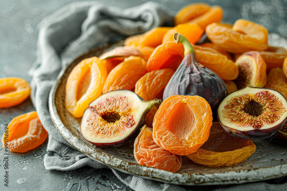 A plate of dried fruit including figs and apricots A plate of dried fruit including figs and apricots