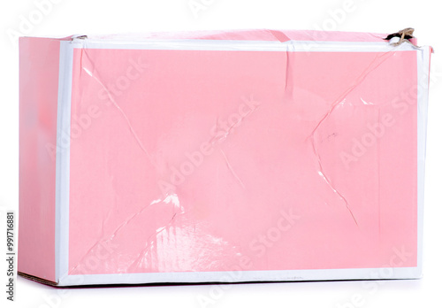 pink crumpled box on white background isolation photo