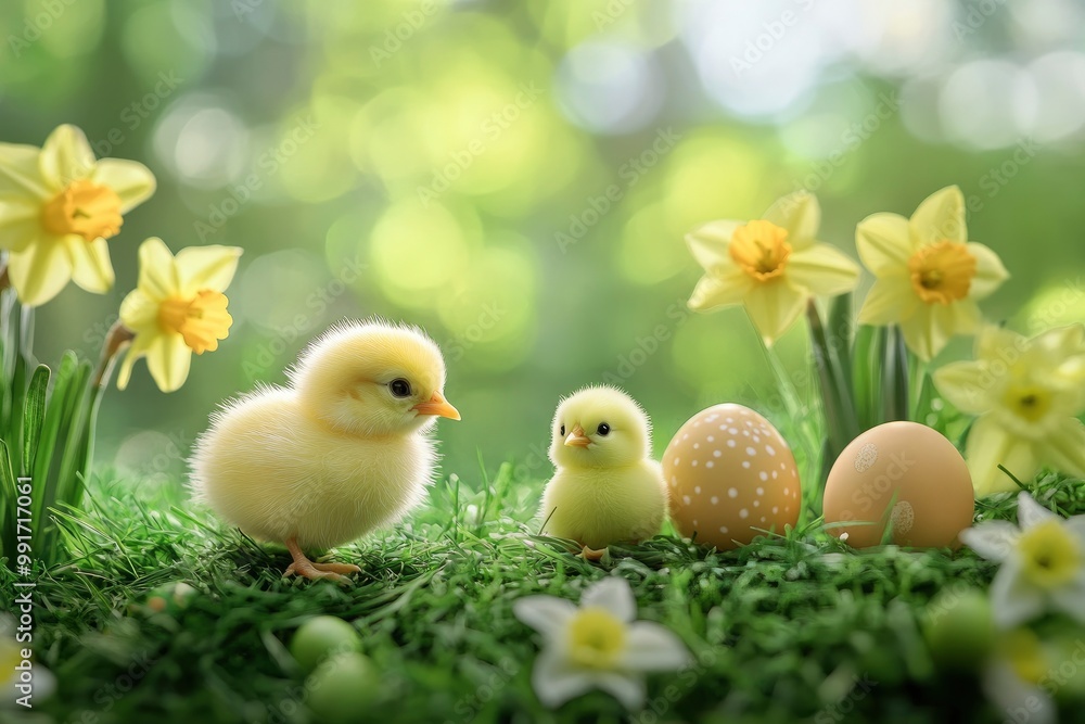 Easter eggs, chicks and daffodils in green grass. Happy Easter! Beautiful Easter background .geneative ai Easter eggs, chicks and daffodils in green grass. Happy Easter! Beautiful Easter background .geneative ai