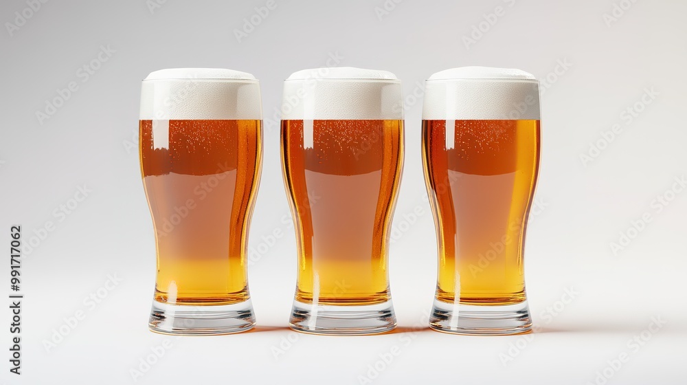 Three glasses of golden beer with frothy tops, arranged neatly against a light background. Three glasses of golden beer with frothy tops, arranged neatly against a light background.