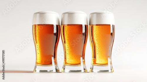 Wallpaper Mural Three frosty glasses of amber beer with creamy heads, showcasing bubbles and condensation. Perfect for gatherings or relaxing moments. Torontodigital.ca