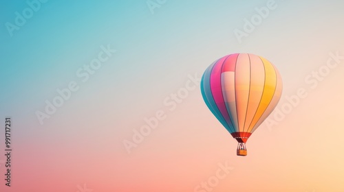 A lone hot air balloon floats gently through the sky, its colorful silhouette illuminated by the warm glow of a setting sun, as if it were a part of a whimsical dream.