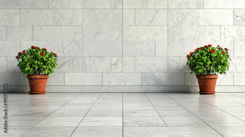 Two potted plants flanking a marble wall photo