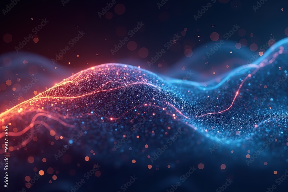 Fototapeta premium Abstract futuristic waves of blue and red light particles in motion.