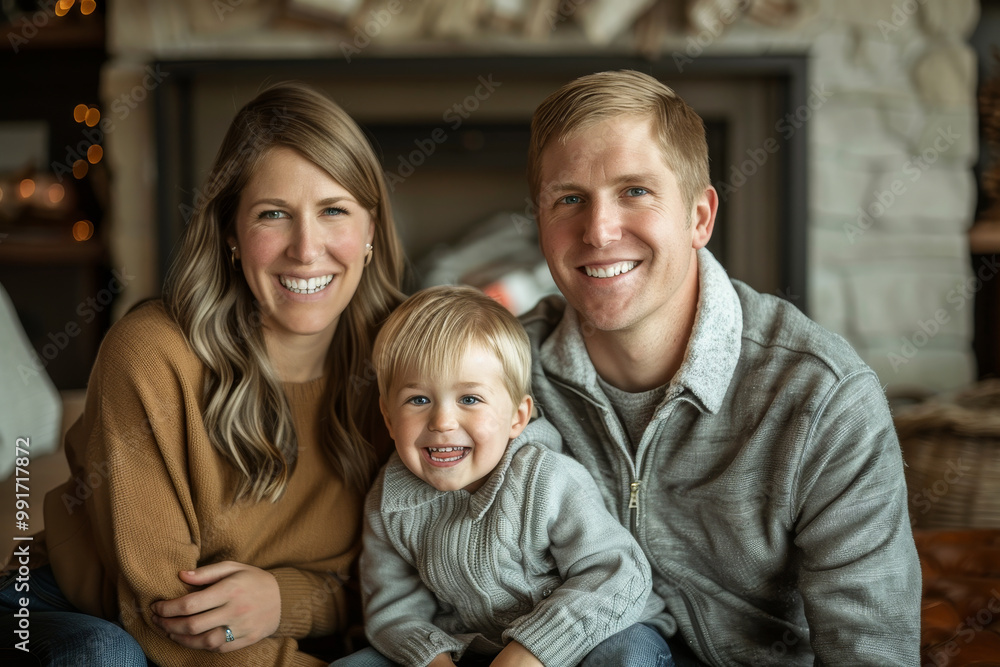A family of three, a man, a woman and a child, are posing for a picture A family of three, a man, a woman and a child, are posing for a picture