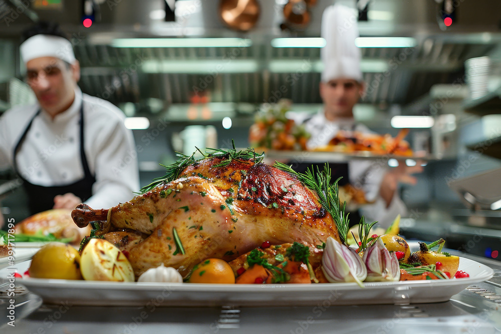 A large turkey is on a white plate in a restaurant kitchen A large turkey is on a white plate in a restaurant kitchen
