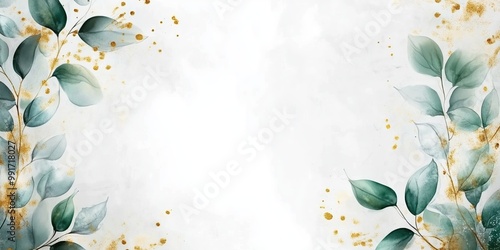 Abstract white page with watercolor green leaves and golden splashes, perfect for botanical-themed designs, nature-inspired invitations or stationery.
