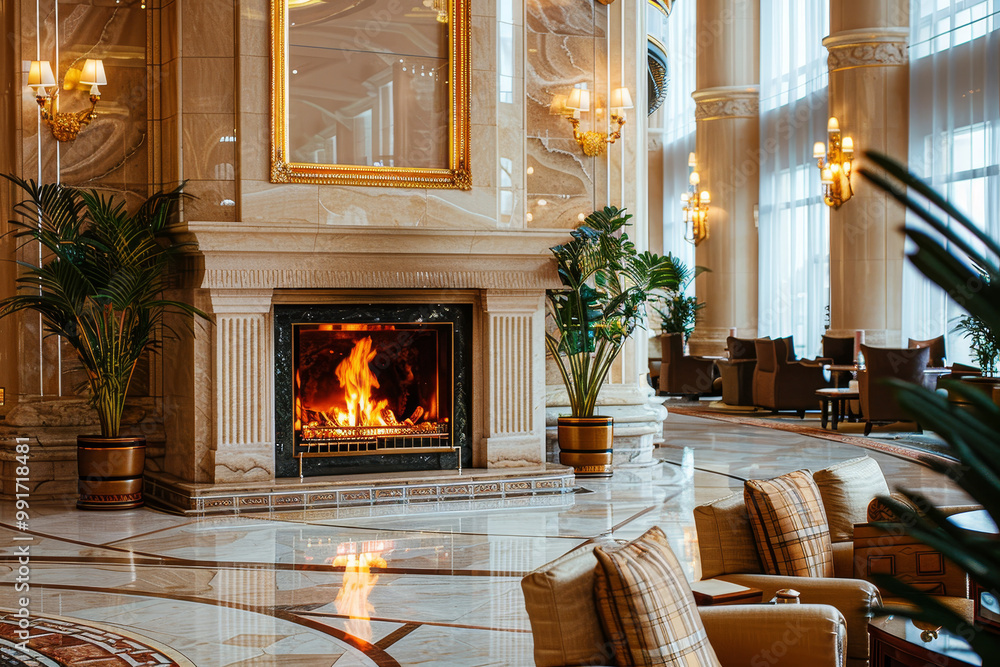 A large room with a fireplace and a mirror A large room with a fireplace and a mirror