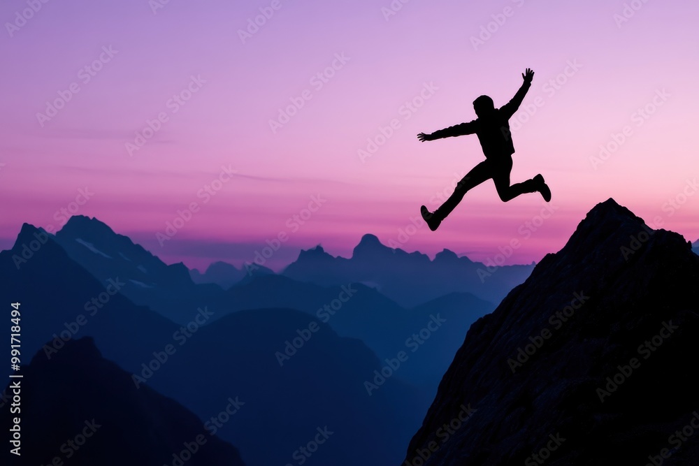 Silhouette of a person jumping between mountains during a colorful sunset Silhouette of a person jumping between mountains during a colorful sunset